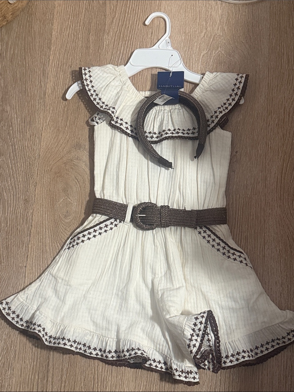 Frame Denim Kids Cream Romper with Brown Trim and Belt